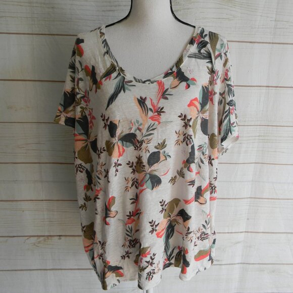RACHEL ZOE FLORAL SHORT SLV 100% LINEN T-SHIRT TOP SZ 2X V-NECK - Picture 1 of 3